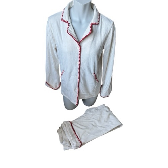CRÈMESU Cream Pajama Set with Red Zigzag Trim – Loungewear / Sleepwear Sz M - Picture 3 of 3